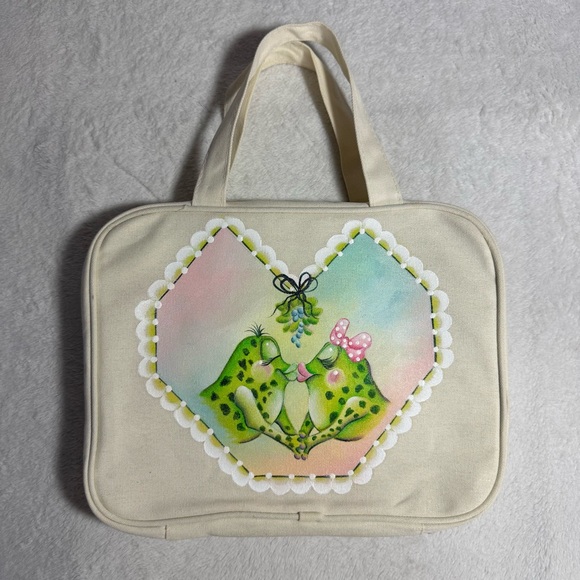 Vintage Handbags - Charming Cream Toiletries Travel Tote Bag with Green Frog Design